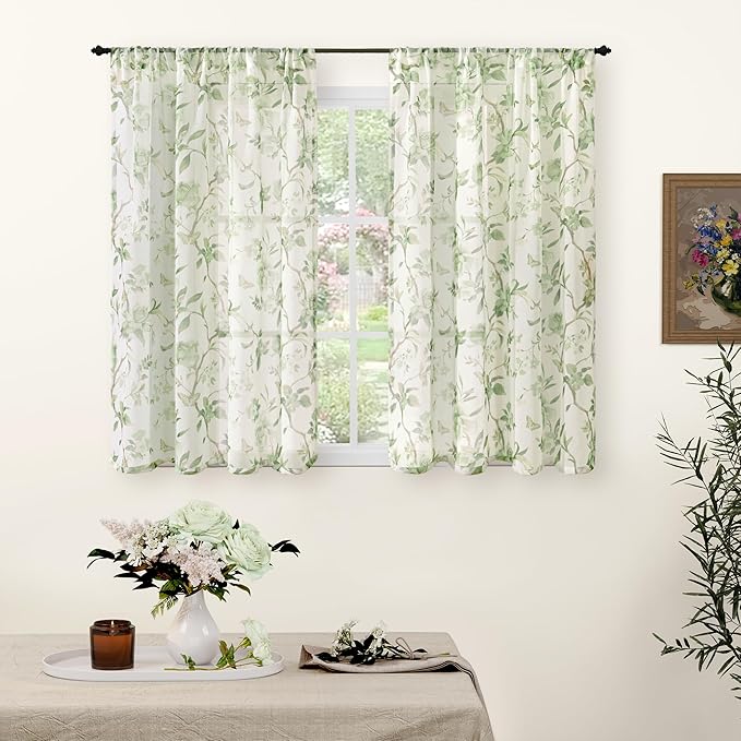 Sage Sheer Curtains 45 Inch Length 2 Panels Set Sheer, Leaf Patterned Linen by Lajode