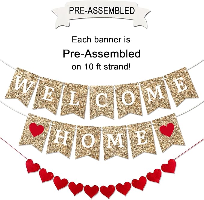 Glitter Gold Welcome Home Banner, Fully Assembled, 8 ft Strand | Ready to Hang - Image 3