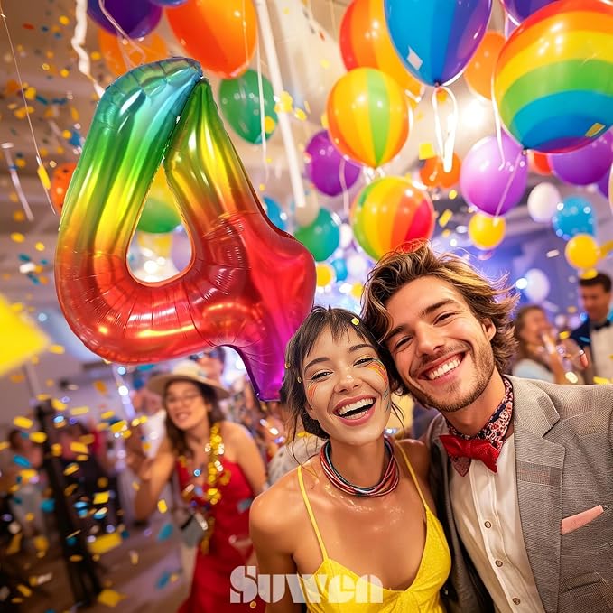 SUWEN Rainbow Number 4 Balloon 40 Inch, Big Colorful Balloons 0-9 | Large - Image 2