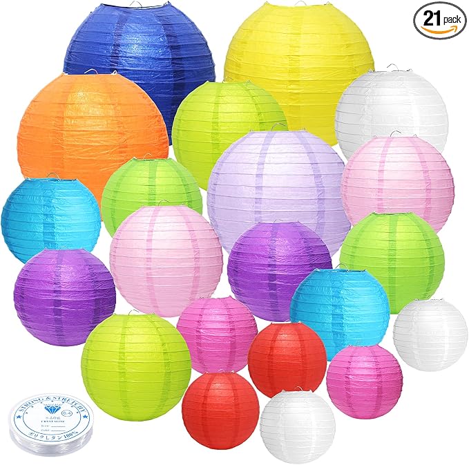21Pcs Multicolor Paper Lanterns, 4-10in Hanging Decor, Wedding Birthday | by GCVOPTON