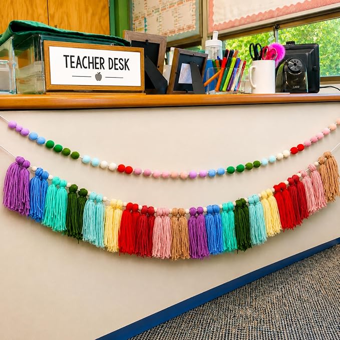 Thiccywoov 2 Pcs 6.5 ft Colorful Teacher Desk Pom Pom Tassel Garland Classroom by Jgiusenfg