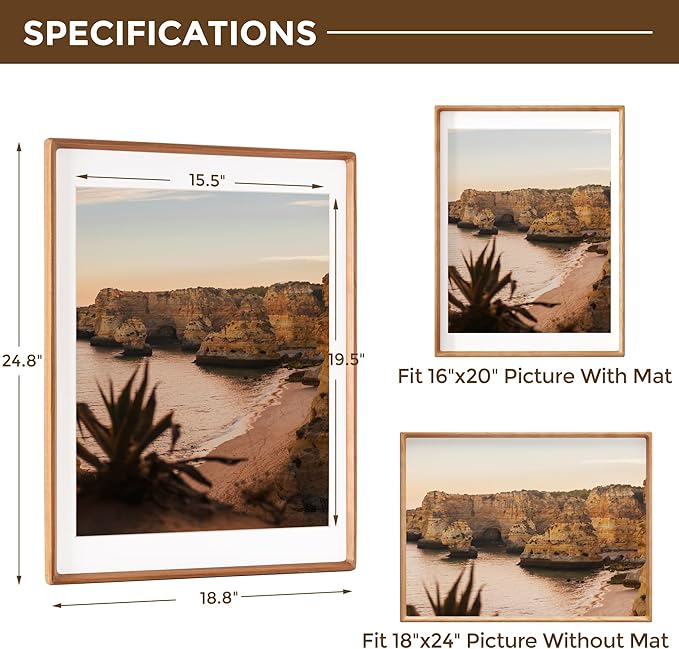 18x24 Picture Frame USA-Sourced Natural Cherry Wood Solid Original Wood Photo Frame Rounded Corner with Mat to 16x20 Picture Display with Real Glass Family Picture, Wedding Picture, Photo, Certificate