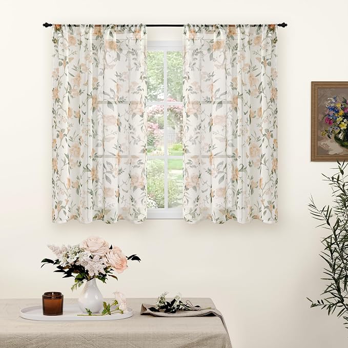 Sheer Curtains 45 Inch Length 2 Panels, Floral Patterned Linen Look Semi-Sheer by Lajode