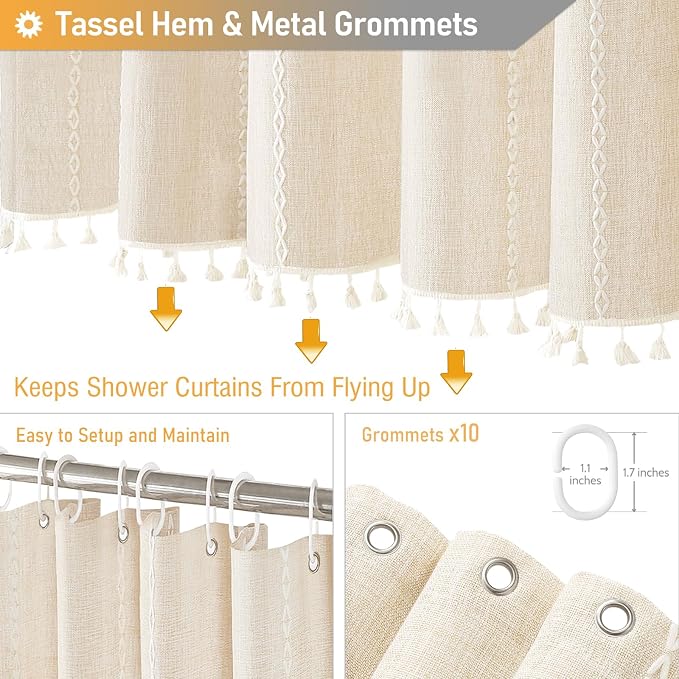 54 x 72 Boho Linen Heavy Duty Cloth Shower Curtain Set, Cream/Beige | Small Size - Image 5