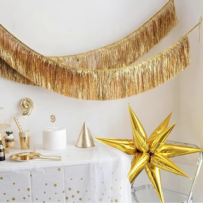 2 Pack Shiny Light Gold Tinsel Fringe Banner 13FT Metallic Garland by Eanjia