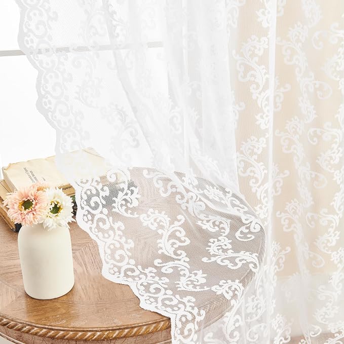 White Lace Curtains 45 Inch Length 2 Panels set Victorian Floral Sheer Curtains - Image 4