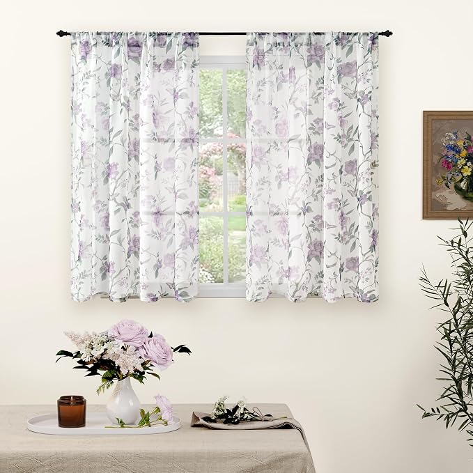 Sheer Curtains 54 Inch Length 2 Panels Set, Lavender Floral Patterned Linen by Lajode