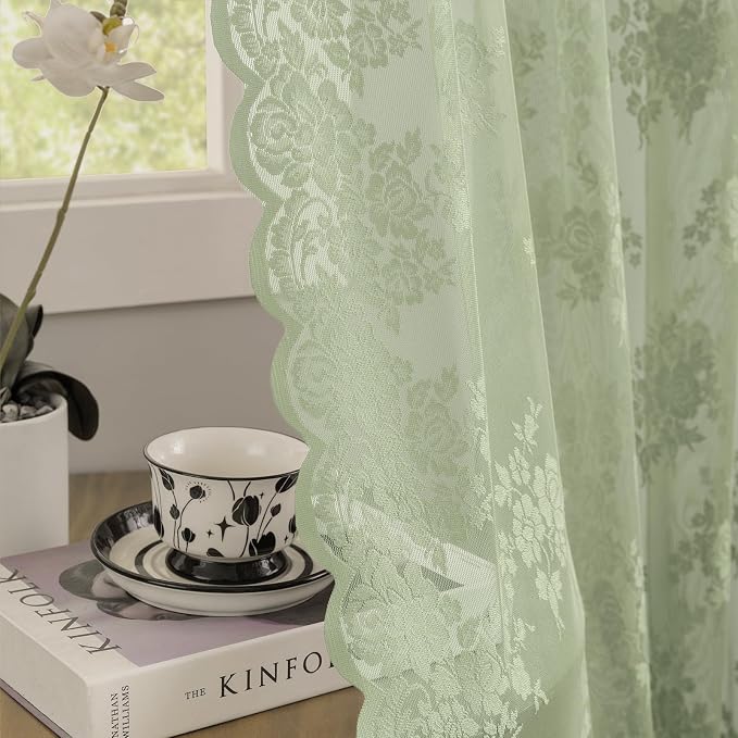 Kotile Vintage Sage Green Lace Curtains - Image 4