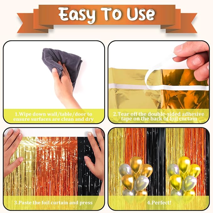 Voircoloria Black Gold Orange Fringe Backdrop Curtains, 2 Pack | Tinsel - Image 4
