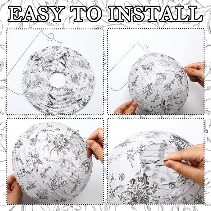 Riakrum 18 Pcs Floral Paper Lantern Set 10" 8" Black and White Round Lantern - Image 3