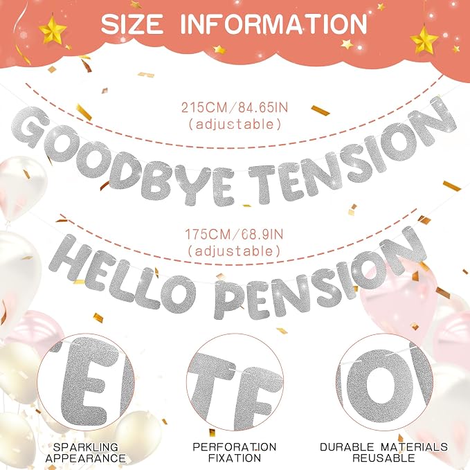 Retirement Banner Pre-Strung GOODBYE TENSION HELLO PENSION Banner Glitter - Image 2