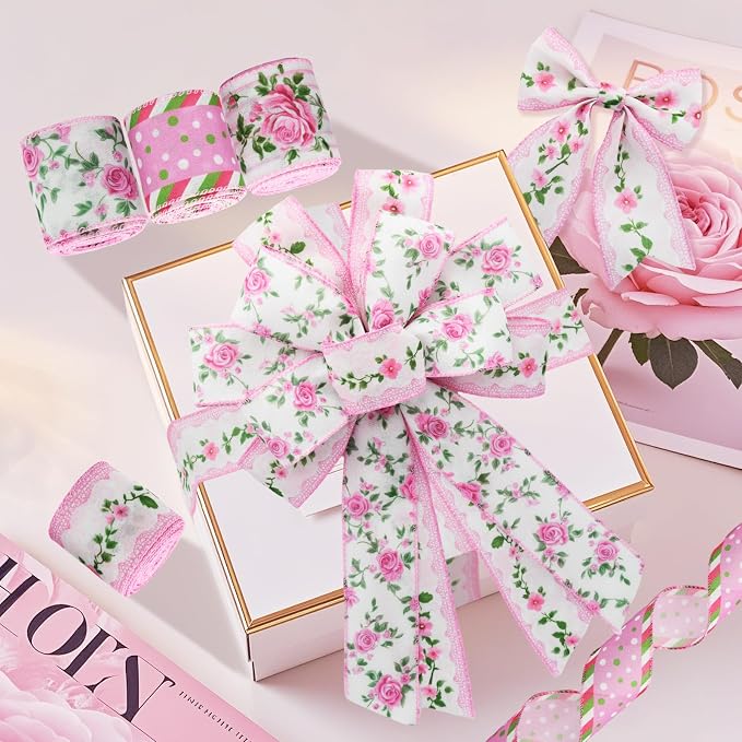 4 Rolls Pink Rose Floral Wired Edge Ribbon – 2.5 Inch, 5 Yards Each, Summer - Image 5