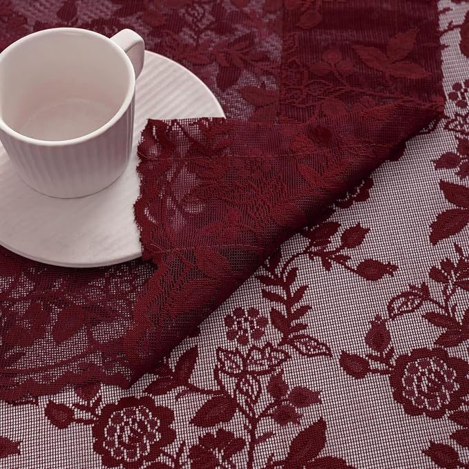FINECITY Short Burgundy Sheer Curtains Leaf Floral W42 x L36 Inch, 2 Panels | - Image 7