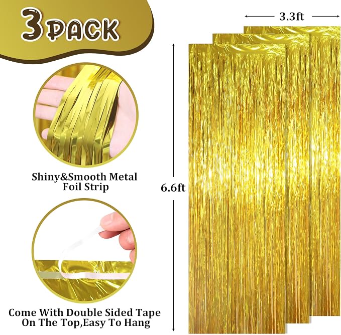 Voircoloria Gold Foil Fringe Backdrop Curtains, Birthday Party Decorations - Image 3