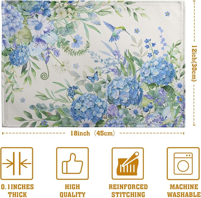 Blue Hydrangea Placemats Set of 4 Spring Summer Floral Green Leaf Bird Table - Image 4