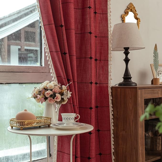 Sutuo Home Boho Curtains for Kitchen Nursery 63 Inch Length, Grid Linen Light - Image 2