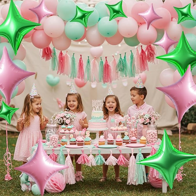 TONIFUL 30Pcs Four Pointed Star Balloon Light Pink Green Foil Balloon | 26In & - Image 4