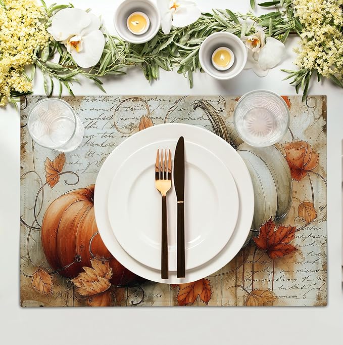 Fall Vintage Pumpkin Leaves Placemats Set of 4 Autumn Thanksgiving Harvest - Image 3