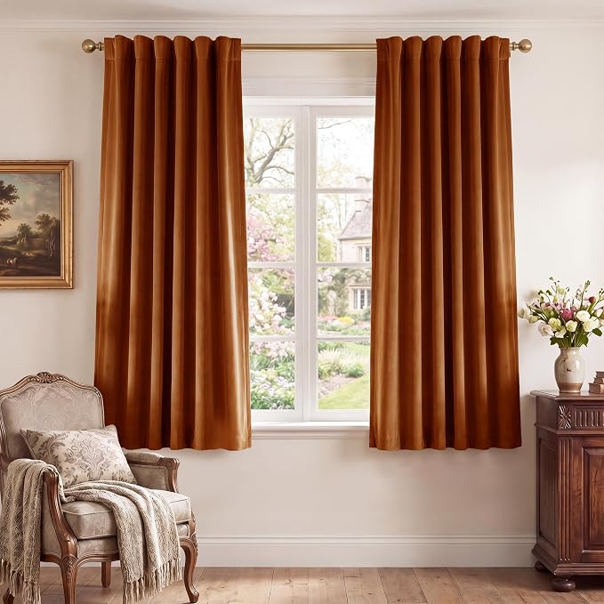Burnt Orange Velvet Curtains Back Tab Boho Drapes, Window Back Tab Pinch Pleat by StangH