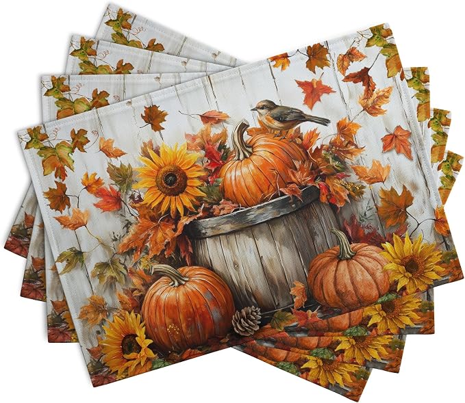 Fall Placemats 12x18 Inch Set of 4 Pumpkin Maple Leaves Sunflower Bird Linen - Image 2