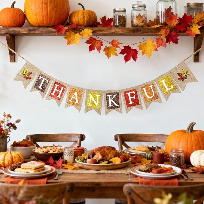 Thankful Burlap Banner, Pre-Strung Thanksgiving Banner Rustic Thanksgiving - Image 4