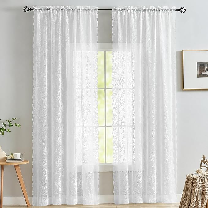 FINECITY White Lace Kitchen Curtains Rustic Floral W42 x L45 Inch 2 Panels | - Image 7