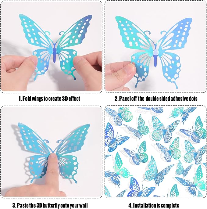 SAOROPEB 3D Butterfly Wall Decor 48 Pcs Laser Blue Butterfly Decorations | 4 - Image 6