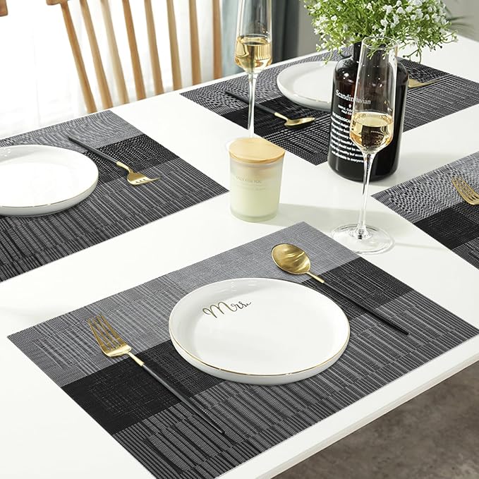 HeloHo Black Grey Stripe Placemats Set of 8, Heat-Resistant Washable Placemats - Image 5
