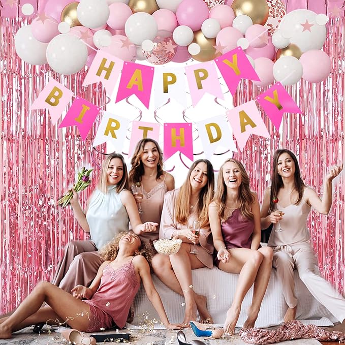 Pink Gold Birthday Party Decorations, Happy Birthday Banner, Heart Star Foil - Image 6