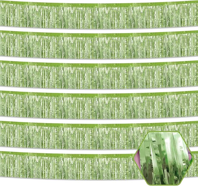 6 Pack 10 Feet Light Green Foil Fringe Garland Metallic Tinsel Streamers Banner Wall Hanging Curtain Backdrop for Parade Floats, Birthday, Graduate, Mother's Day, Wedding Party Decoration