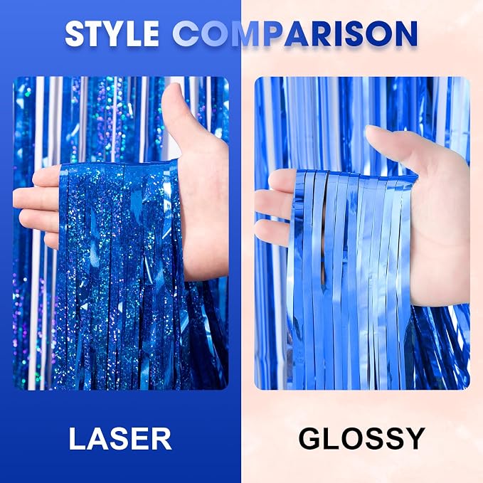 Voircoloria Laser Blue Foil Fringe Backdrop Curtains, 3 Pack | Tinsel Streamers - Image 3
