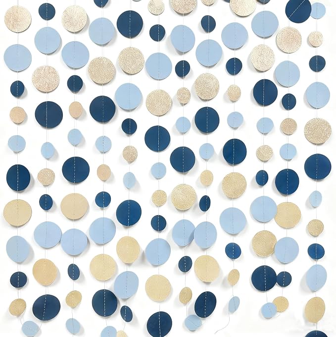 Navy Blue Champagne Gold Polka Dots Garland Hanging Paper Circle Dot Streamer - Image 3