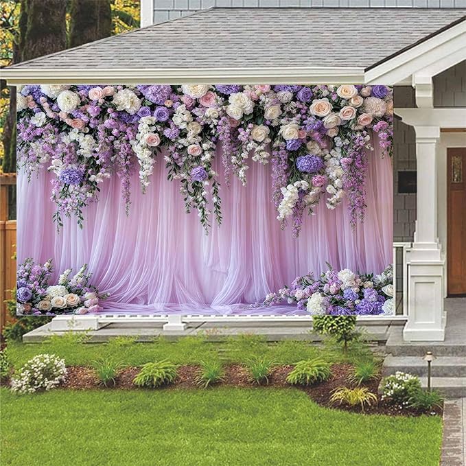 8x6ft Purple Lavender Floral Bridal Backdrop Wedding Flower Photography Backdrop for Girl Portrait Baby Shower Birthday Party Decor Banner Mother's Day Party Wall Backdrop Studio Photo Backgrounds