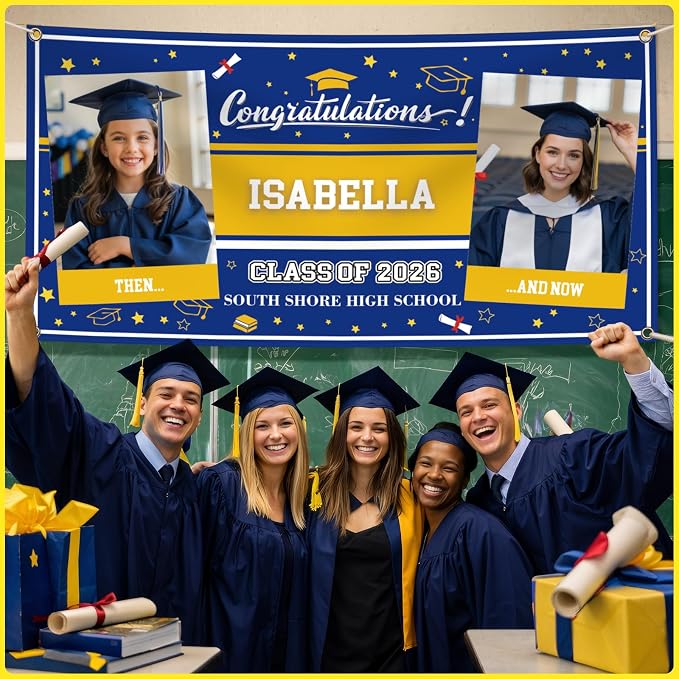 Custom Vinyl Banner, Personalized Grad Backdrop, 4 Size 2Photos | Graduation - Image 5