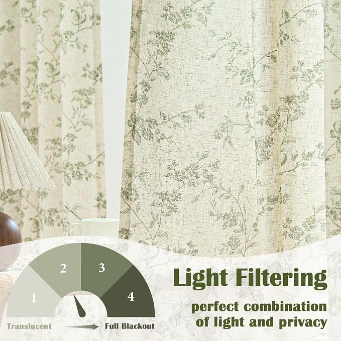 Green Vintage Floral Linen Curtains Farmhouse 38W X 63L 2 Panels | Elisa Series - Image 3