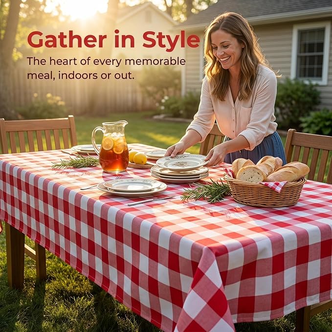 ShinyBeauty 60"x120" Cotton Tablecloth Red White Gingham Checker Rectangle | - Image 2