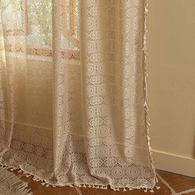 YJ YANJUN Boho Lace Curtains 90 inches Long 2 Panels -Vintage Floral Crochet - Image 4