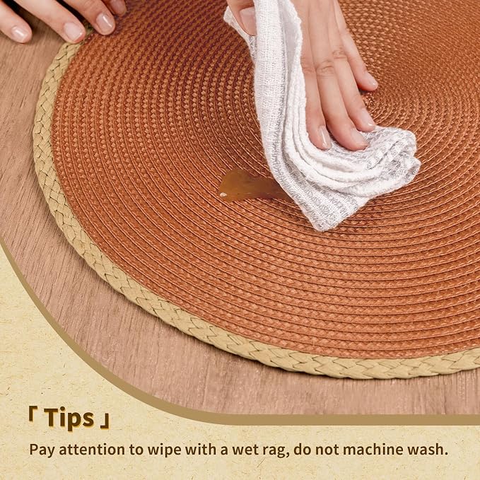 Round Placemats Set of 8, Woven Table Mats, Thin Edge, Dark Orange | Braided - Image 4