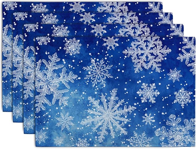 Winter Blue Snowflake Placemats Set of 4 Merry Christmas Snowflakes Linen by Wnoesat