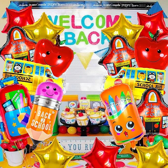 60 Pcs Back to School Balloons, Colorful Bus School Pencil Apple Crayon Foil - Image 6