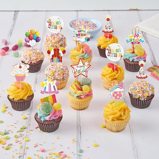 40 PCS Happy Birthday Cupcake Toppers Balloon Star Cheers Party Time Firework - Image 6