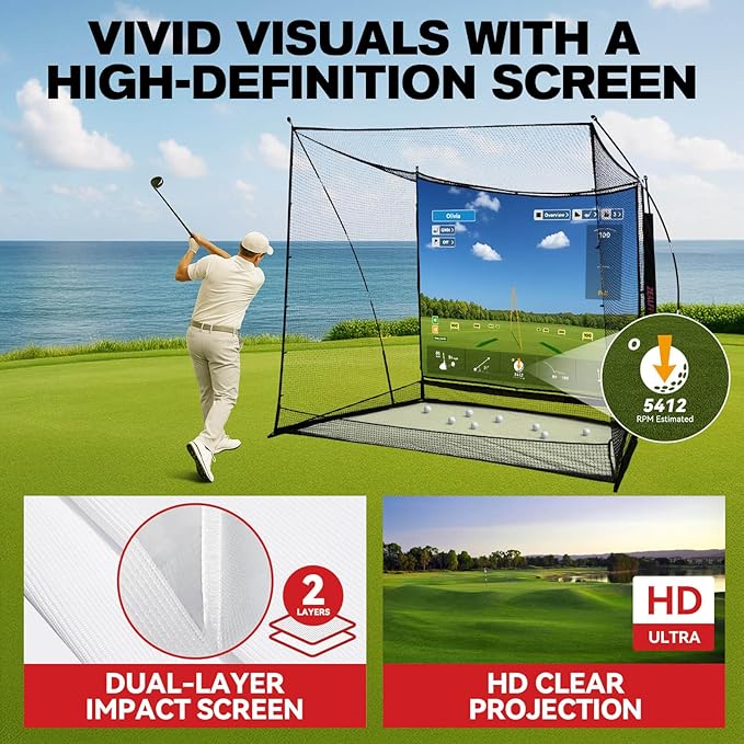 Golf Simulator Cage with Side Barriers&Impact Screen – 10x8 FT Golf Net with Dual-Layer HD Simulator Screen for High-Speed Shots, Practice Net with Ball Return for Indoor Outdoor Backyard