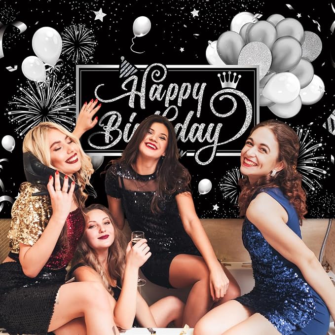Blulu Happy Birthday Backdrop Banner Sign Poster Large Fabric Glitter Balloon - Image 3