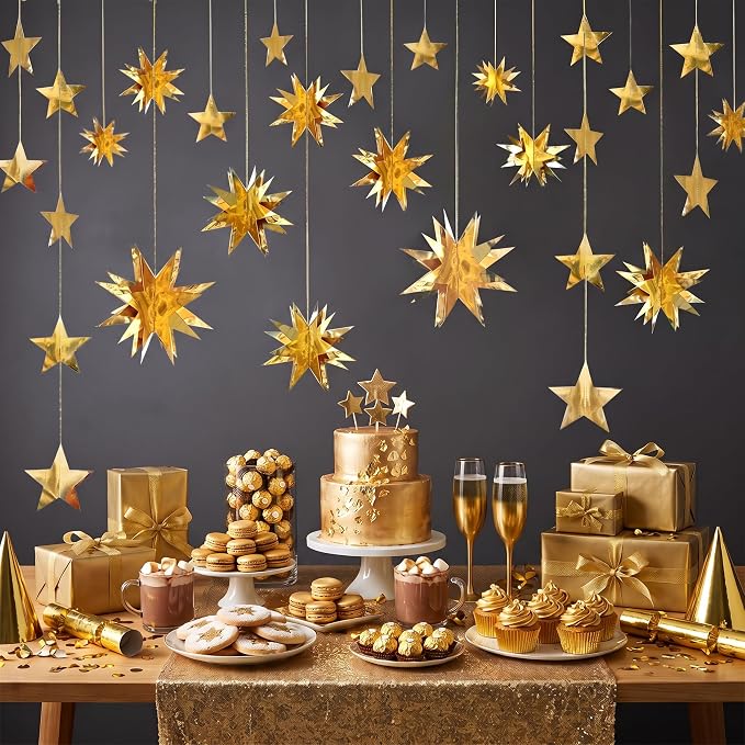pinkblume Gold Party Decorations Star Garlands Streamer Gold 3D Stars Metallic - Image 5