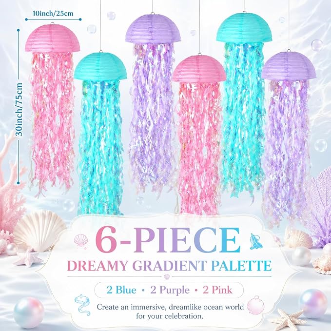 6-Pack Jellyfish Paper Lanterns, Mermaid Birthday Party Decorations | 10-Inch - Image 2
