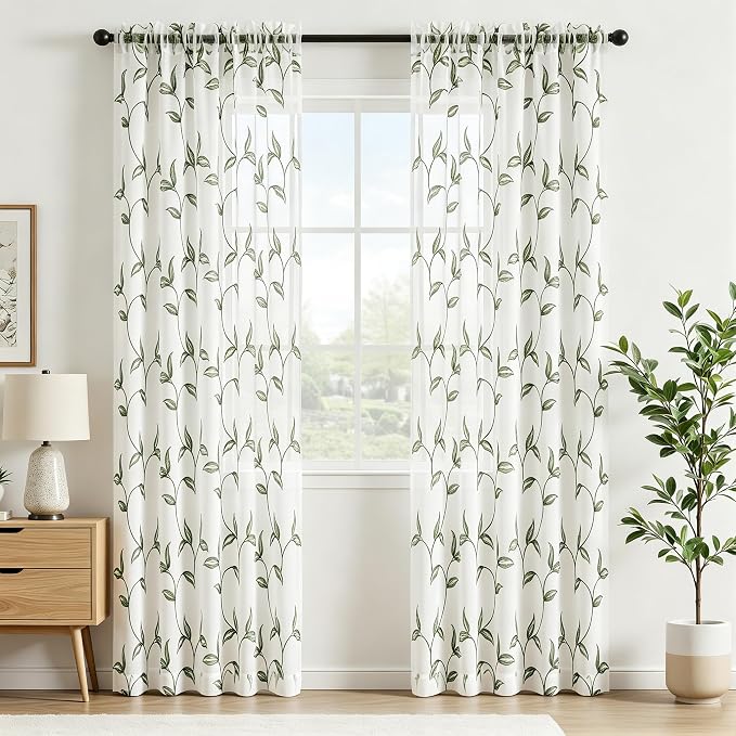 Sheer Curtains Boho Leaf Floral Embroidered Green 54Wx90L | Light Filtering - Image 2