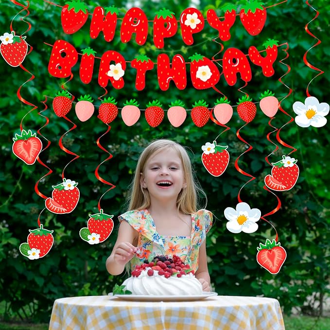 MEETINGU Strawberry Happy Birthday Banner, Party Decoration Set - Image 6