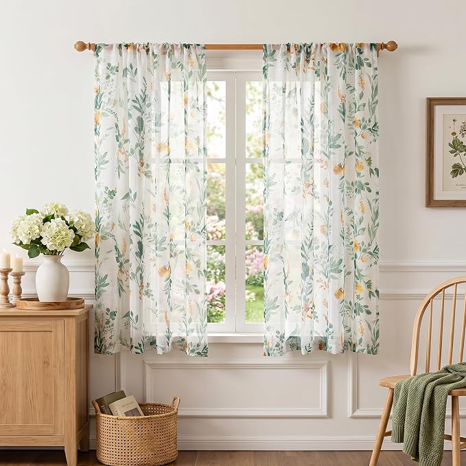 MYSKY HOME Green Floral Sheer Short Kitchen Curtains 54 Inch Long 2 Panels | - Image 2