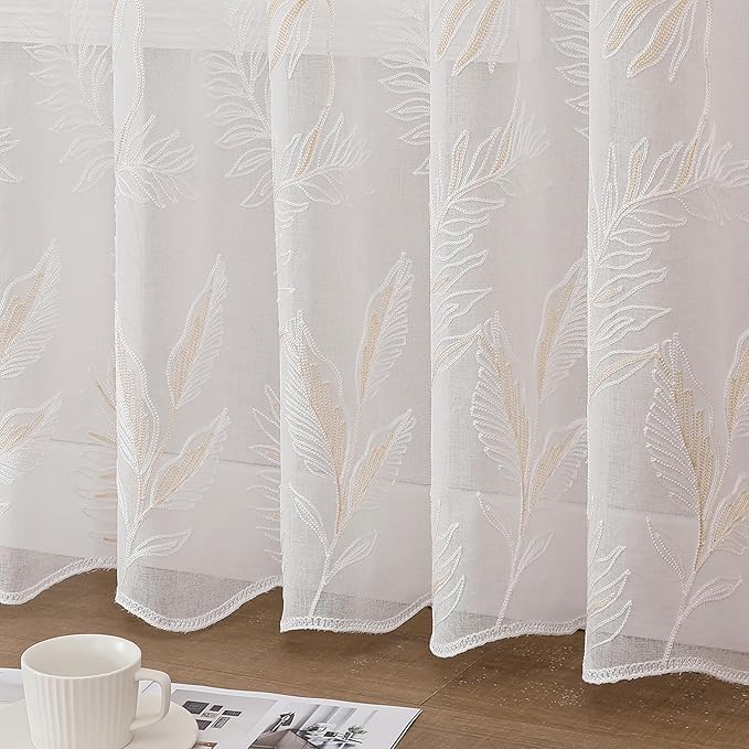 White Sheer Curtains Beige Embroidered Leaf 2 Panels 63 Inches | Light - Image 4