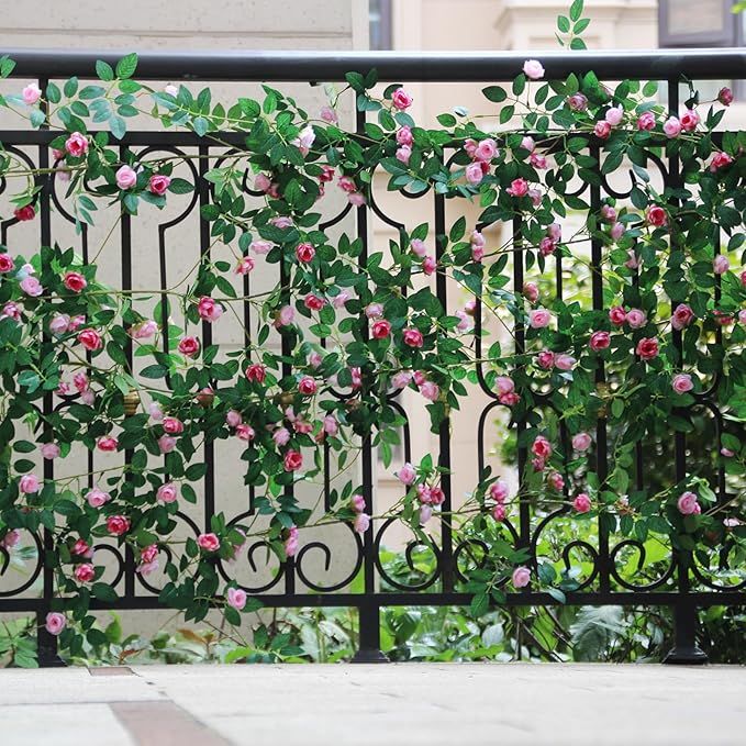 6FT Bendable Rose Vine with Butterflies, Wildflower Garland Hanging Floral Garland for Wall Decor Trellis Fence Home Room Decoration (Pink, 4pcs)